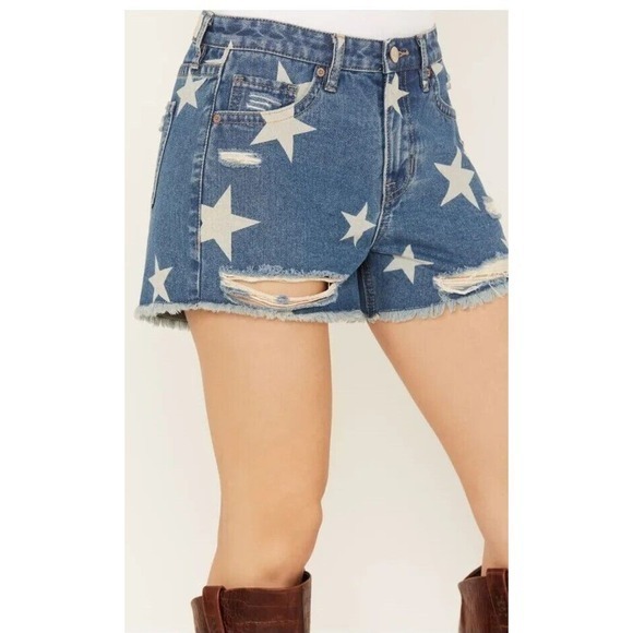 Rock‎ & Roll Denim Women's Light Wash High Rise Star Print Americana Shorts 26 - Picture 3 of 6